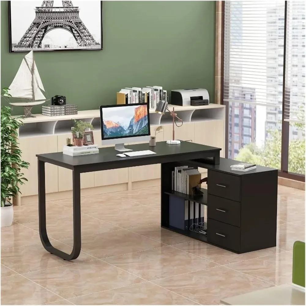 

55.1" Large L-Shaped Office Desk with 41.3" File Cabinet, with 3 Drawers & 2 Shelves Corner Computer Desk