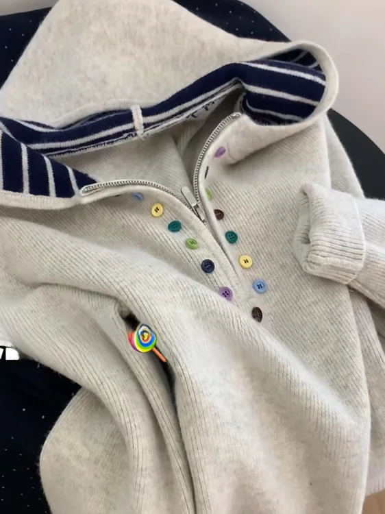 Suéter de Punto Hoado Estilo Coreano para Mujer, Otoño Invierno, Nuevo, Colorido, con Botones, Capucha, Media Cremallera, C...