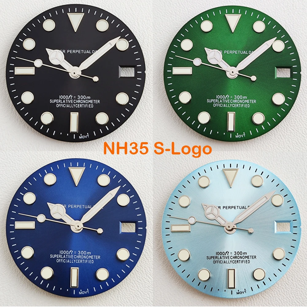 NH35 Zifferblatt 28,5 mm grün leuchtendes S-Zifferblatt SUB Mariner-Uhrzifferblatt geeignet für NH35 Uhrwerk Zubehör Uhrenreparaturwerkzeuge