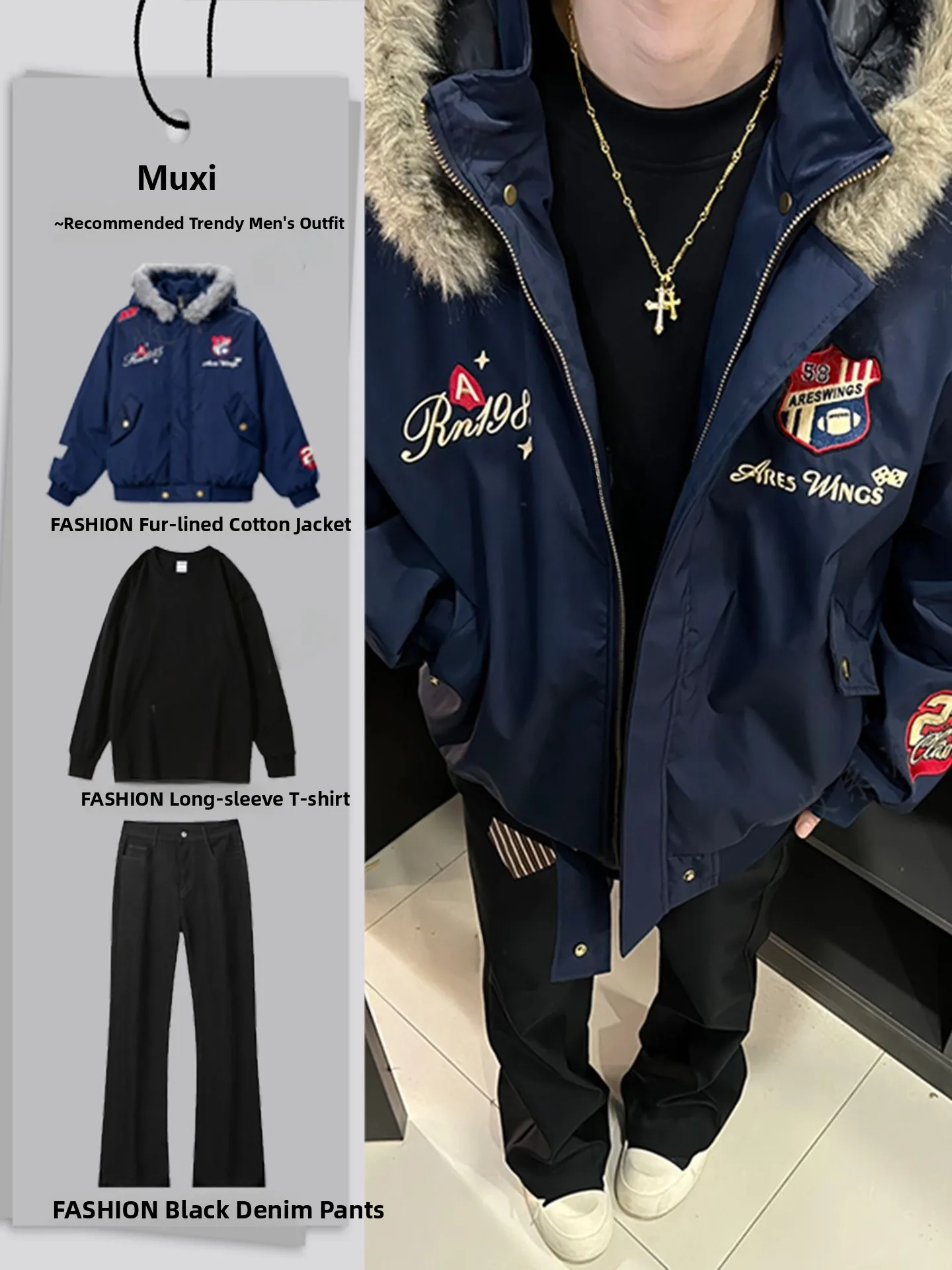 

American Sle Du down Parka Set Men's Winter Embroidered Fur Collar Jaet ort Bread Sle Cotton Coat Youthful Sle