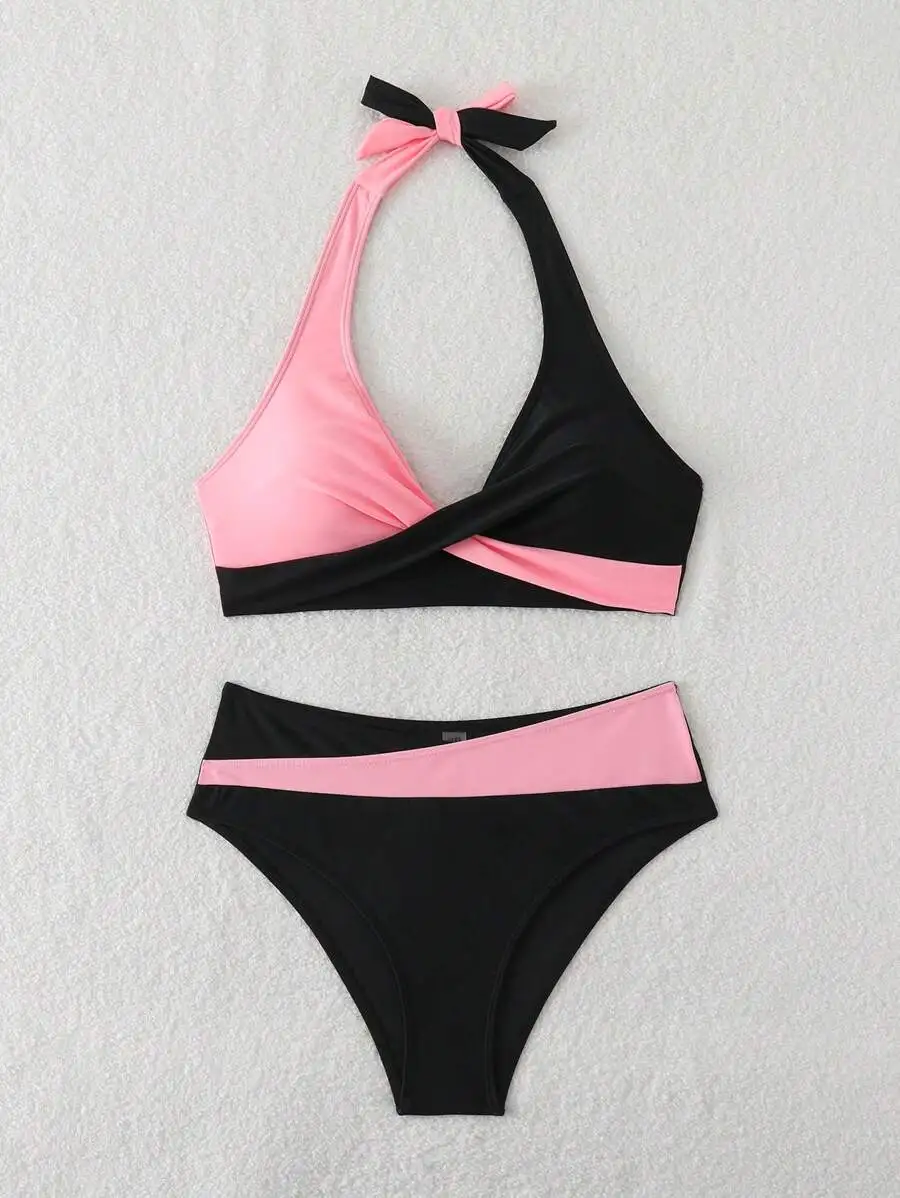 

Pink And Black Halter Tie-Neck Bikini With Twist Front Top And High-Rise Briefs For Summer Beach Vacation Wear