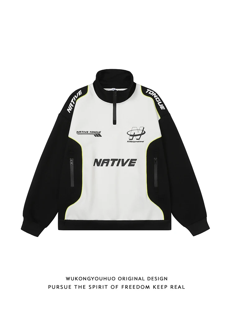 

Американский ретро буквенный принт, одинаковый по цвету гоночный костюм, свитер, мужской модный брендовый свободный топ с воротником-стойкой High Street