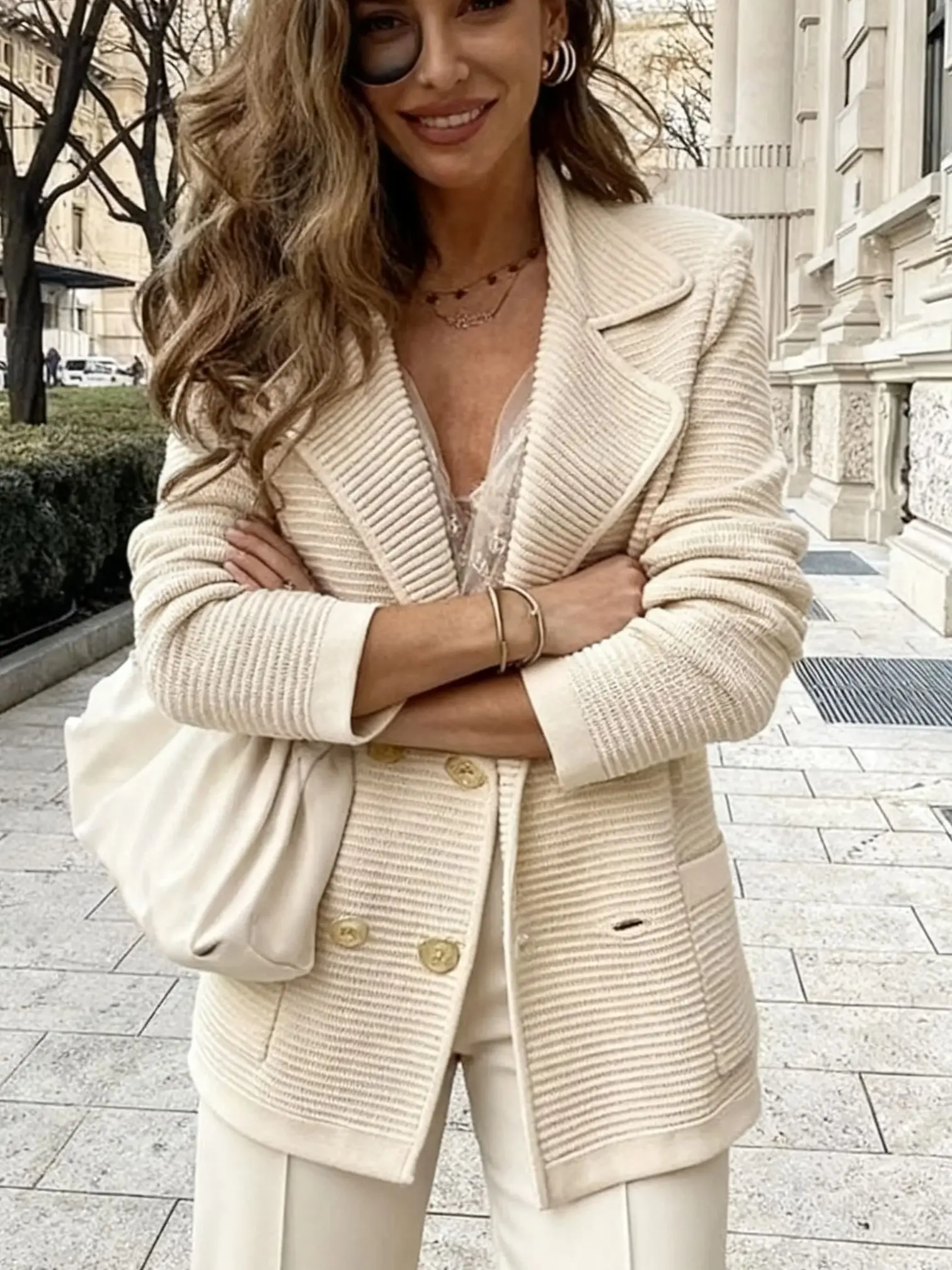 سترة نسائية منظمة - معطف مكتب مخطط عمودي باللونين البيج والأبيض، بدلة عمل شتوية دافئة، غسيل يدوي/جاف #3