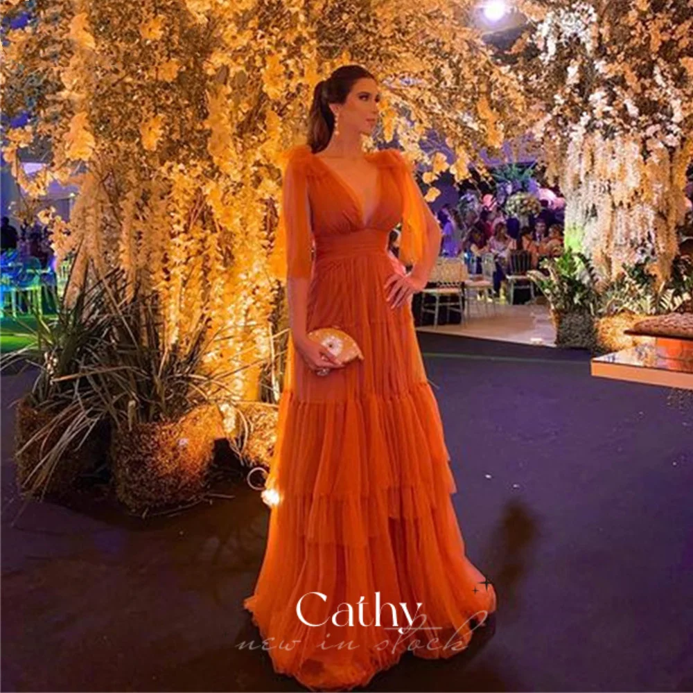 Cathy Puffy Sleeve A-line Prom Dress Orange Multi-layer Evening Dress Organza فستان سهرة Sexy V-neck Party Dresses