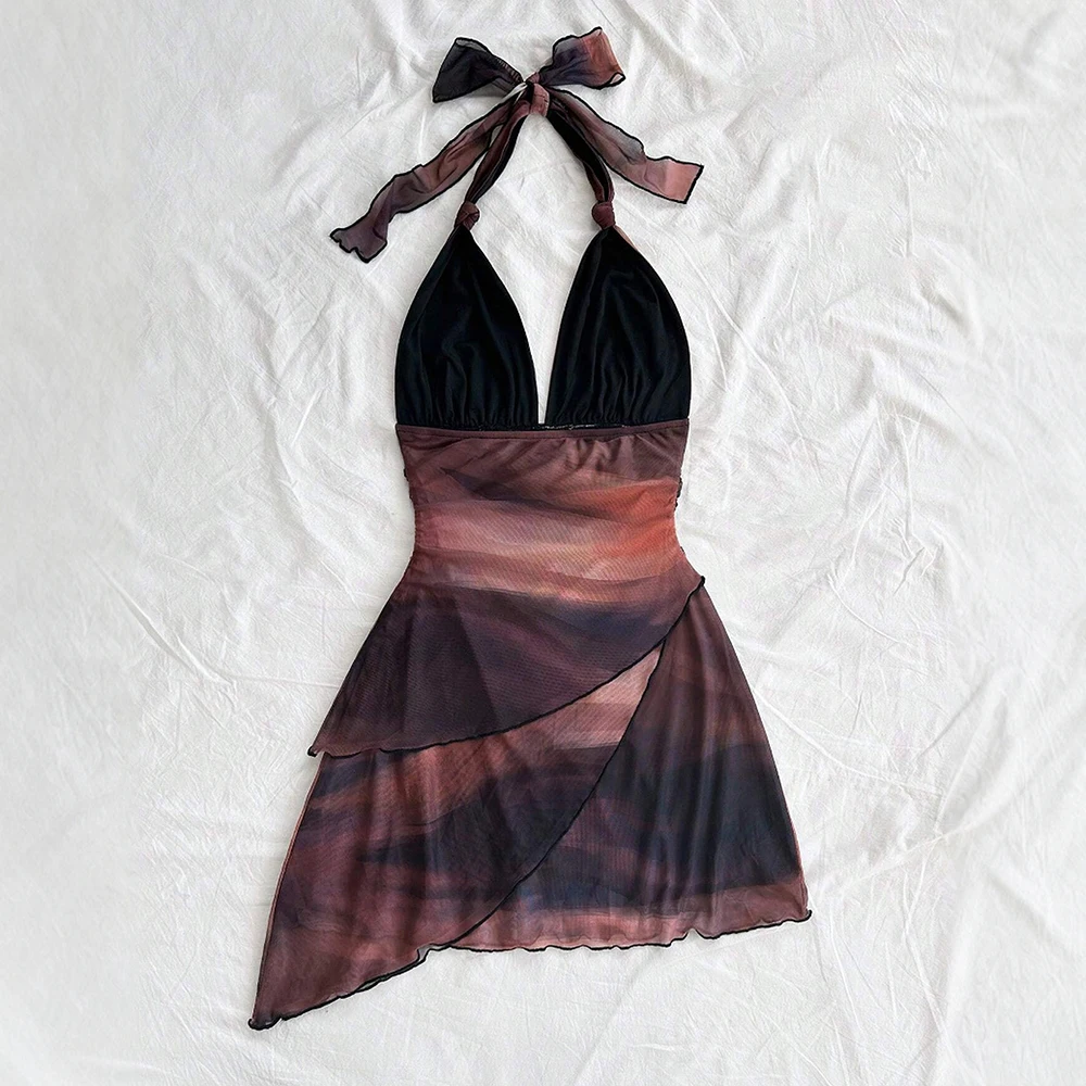 فساتين صيفية عصرية متدرجة لائقة بدون أكمام ورقبة رسن فساتين كامي صغيرة على طراز الشاطئ للنساء