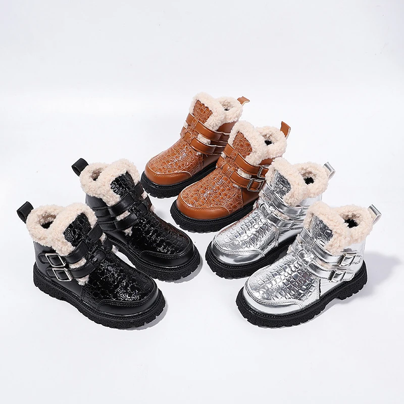 Kids Snow Boots 2025 Winter New Children Leather Shoes Cotton Girls Fashion British Style Anti-slippery Versatile Princess Shoes