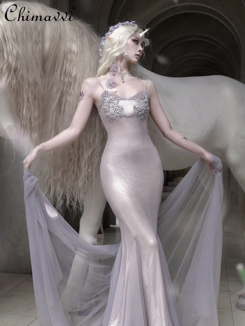 

Super Fairy Princess Heavy Embroidery Beaded Strap Dress Spring Summer New Sweet Sexy Slim Elegant Long Mermaid Dress Women