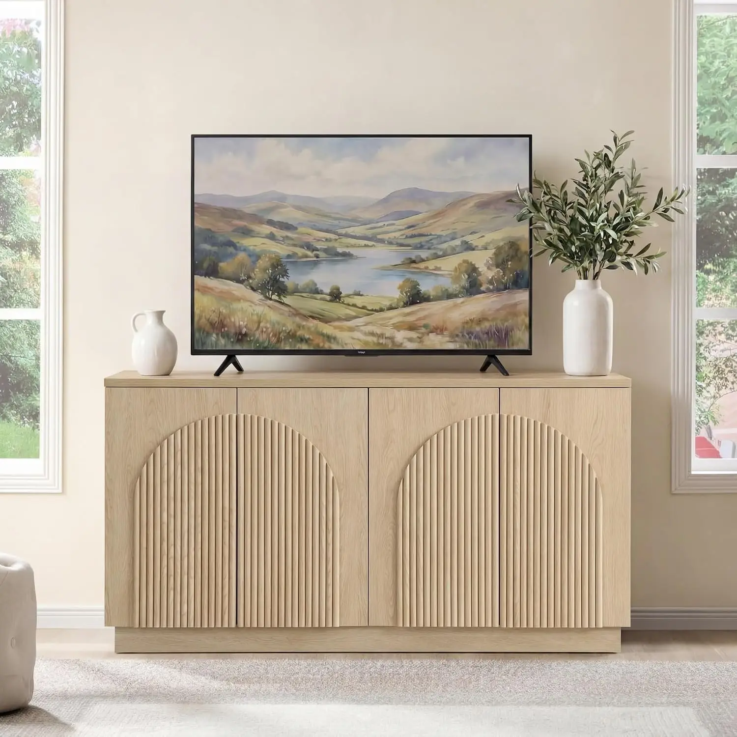 Fluted TV Stand Arched Reeded Doors, Entertainment Center Storage 65 Inch TV Console Cabinet Living Room Bedroom Oak, Customized