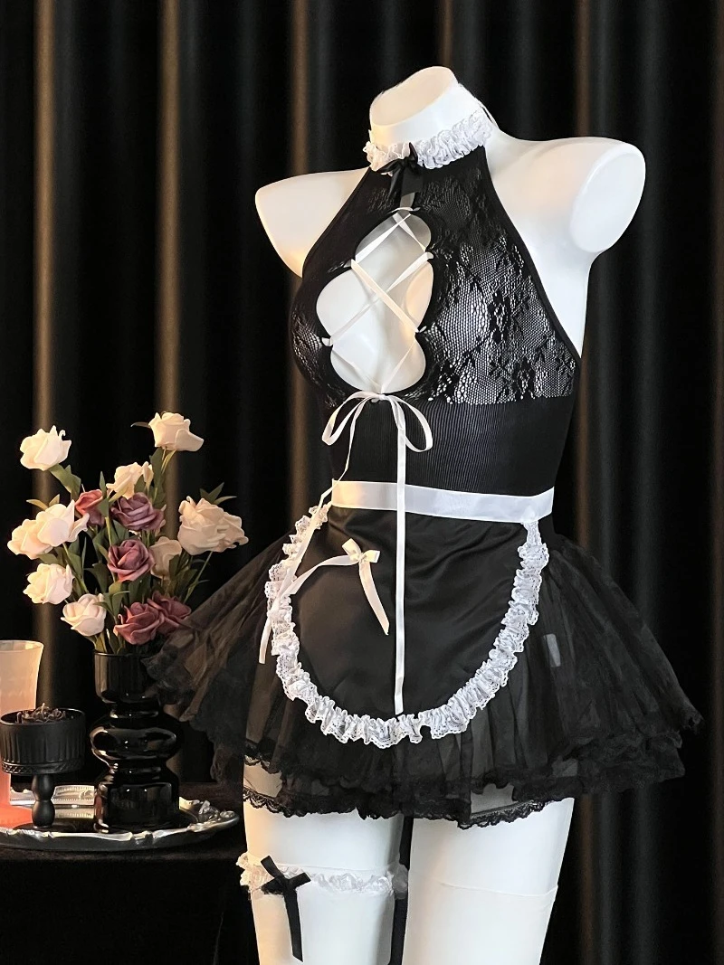 ชุดตาข่ายยืดหยุ่นสูงสไตล์ผู้หญิงมีระดับและเป็นผู้ใหญ่, ชุดยูนิฟอร์มแม่บ้านแบบผูกคอเว้าหลัง, กระโปรงสั้นซีทรูบางเบา, สมบูรณ์แบบ