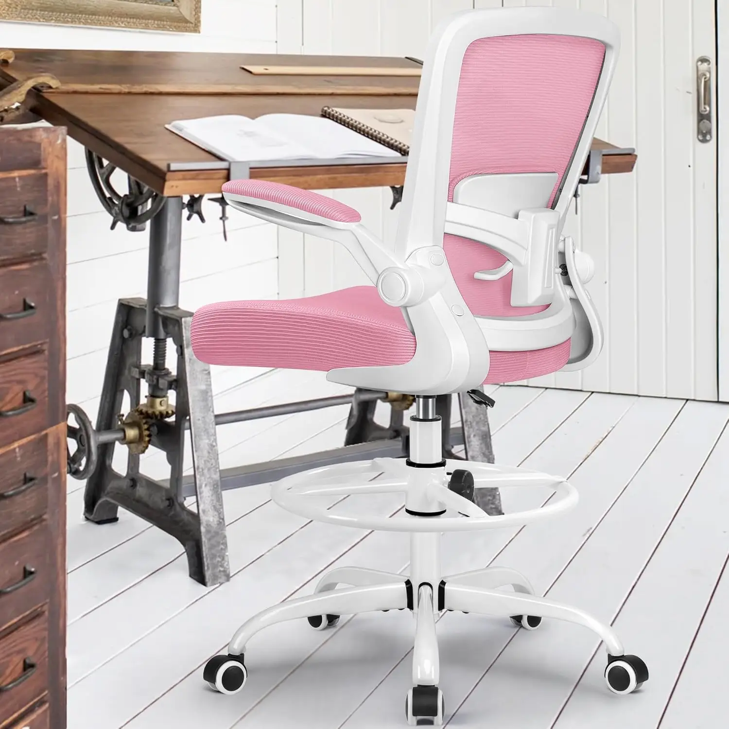 FelixKing Drafting Chair Ergonomic Tall Office Chair, Breathable Mesh Chair with Adjustable Footrest Ring Lumbar Support Flip-up