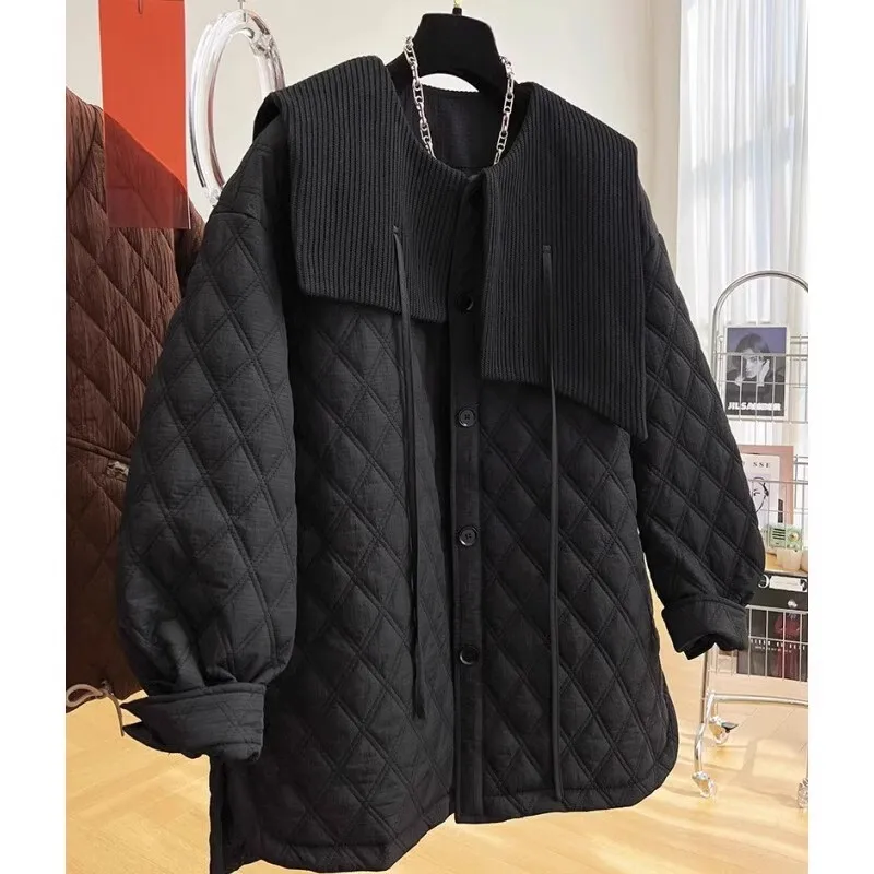 

Extra Large 300 Pounds Retro Loose Diamond Pattern Cotton Jacket Men's Autumn Winter Shoulder Design Cotton Coat Outerwear