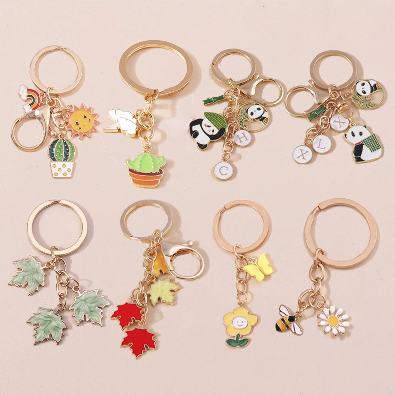 Cute Enamel Panda Keychain Charms Maple Leaf Key Ring Pendants for Women Girls Handbag Decor Handmade Jewelry Gifts