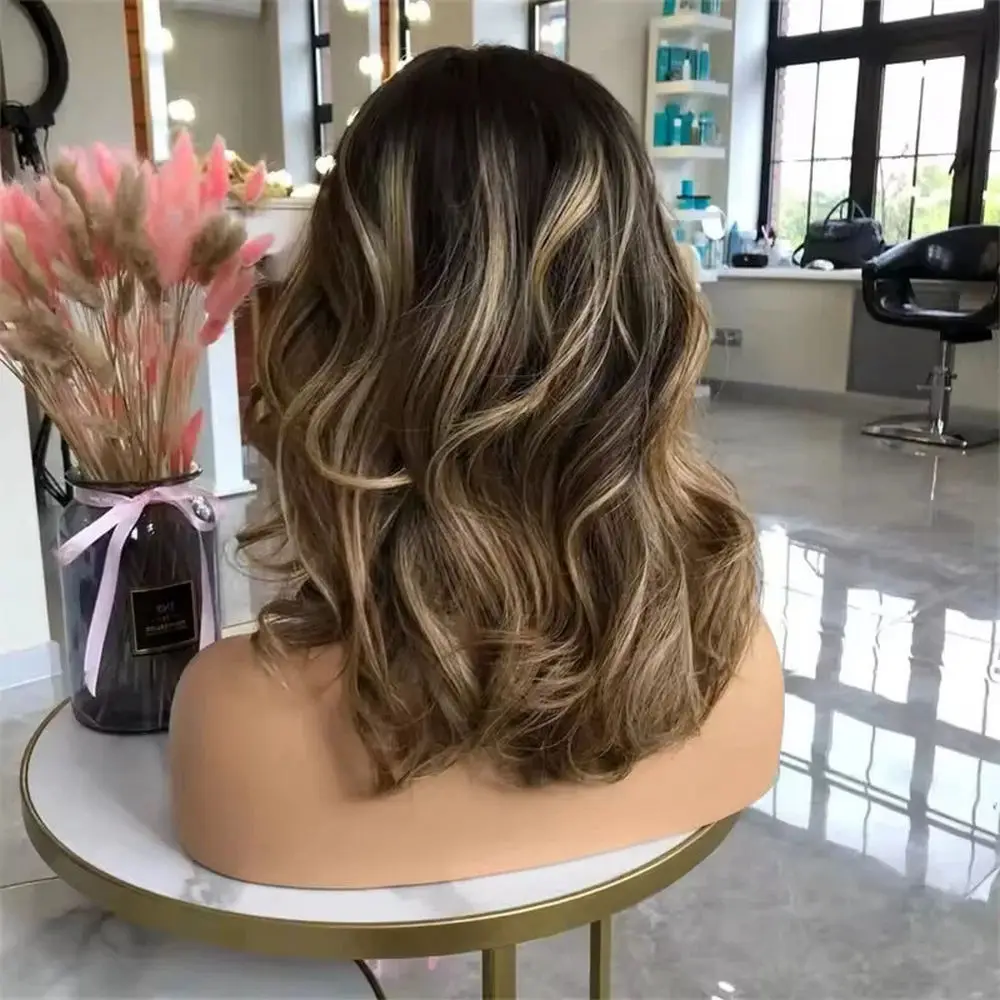 14 Inch Chocolate Brown Wig Shoulder Loose Wave Synthetic Lace Front Wig Highlight Glueless Premium Synthetic Fibre Daily Wear