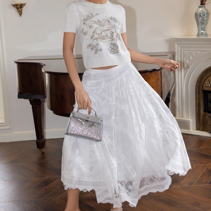 

Ele Embroidered Lace Vintage f Skirt with Hollow out Charm Faionable Spring Season Plant Floral Patterned Two-Piece Set