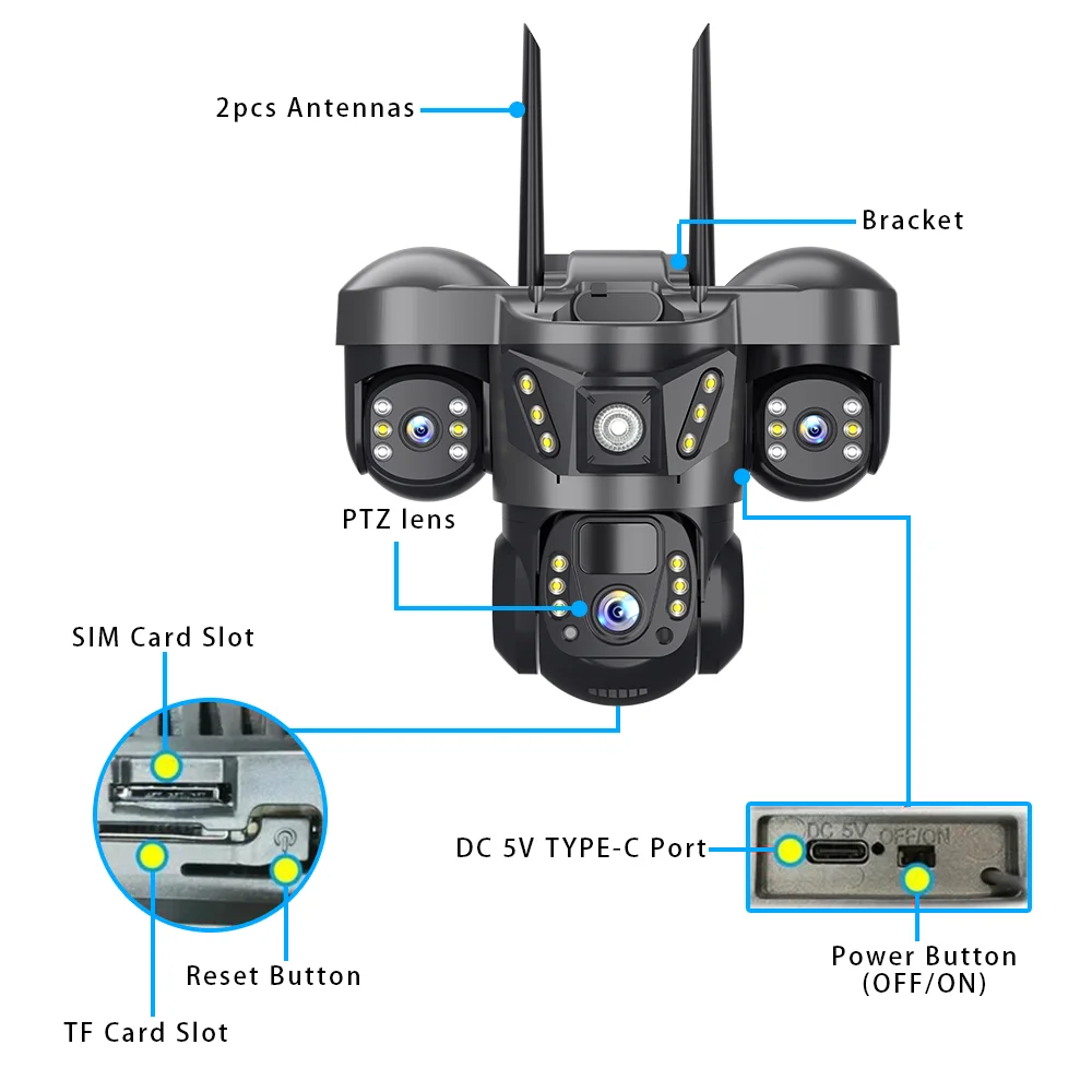V380 Pro 15MP Solar Camera Three Lens Audio Outdoor IP66 Waterproof Built-in Battery Security CCTV HD 4G SIM Card Network Camera