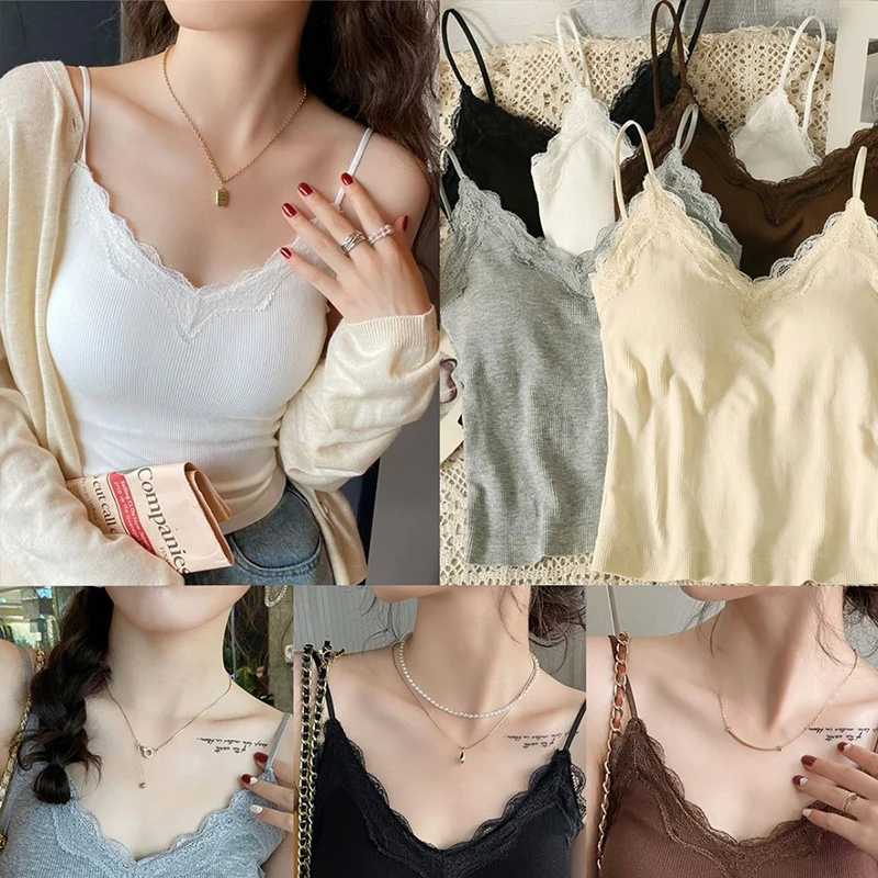 

Women's Crop Top Korean Version Solid Color V Neck Lace Stitching Slim Fashion With Chest Pad Sleeveless Tank Tops