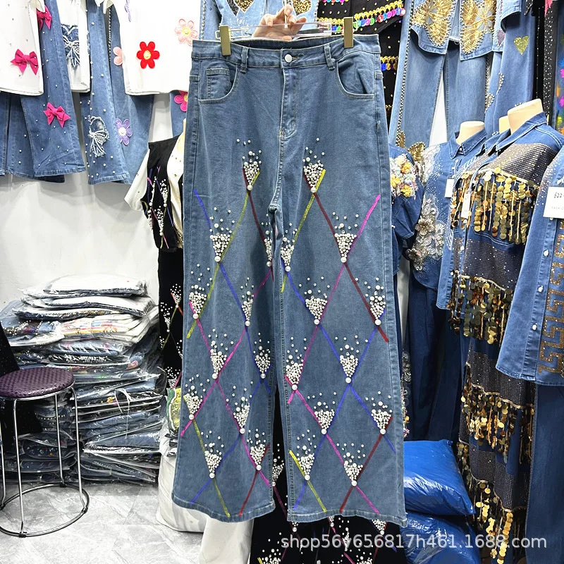 

Europe Fashion Beads Diamonds Women Denim Trousers New Autumn All-match Loose Wide Leg Pants Lady Casual Straight Jeans Luxury