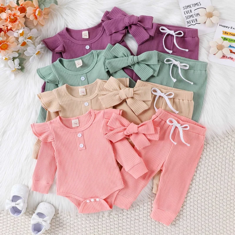 

0-24M Spring Newborn Baby Clothes Toddler Girl Solid Cotton Pit Stripe Long Sleeved Tops Pants Headbands 3Pcs Clothes Set