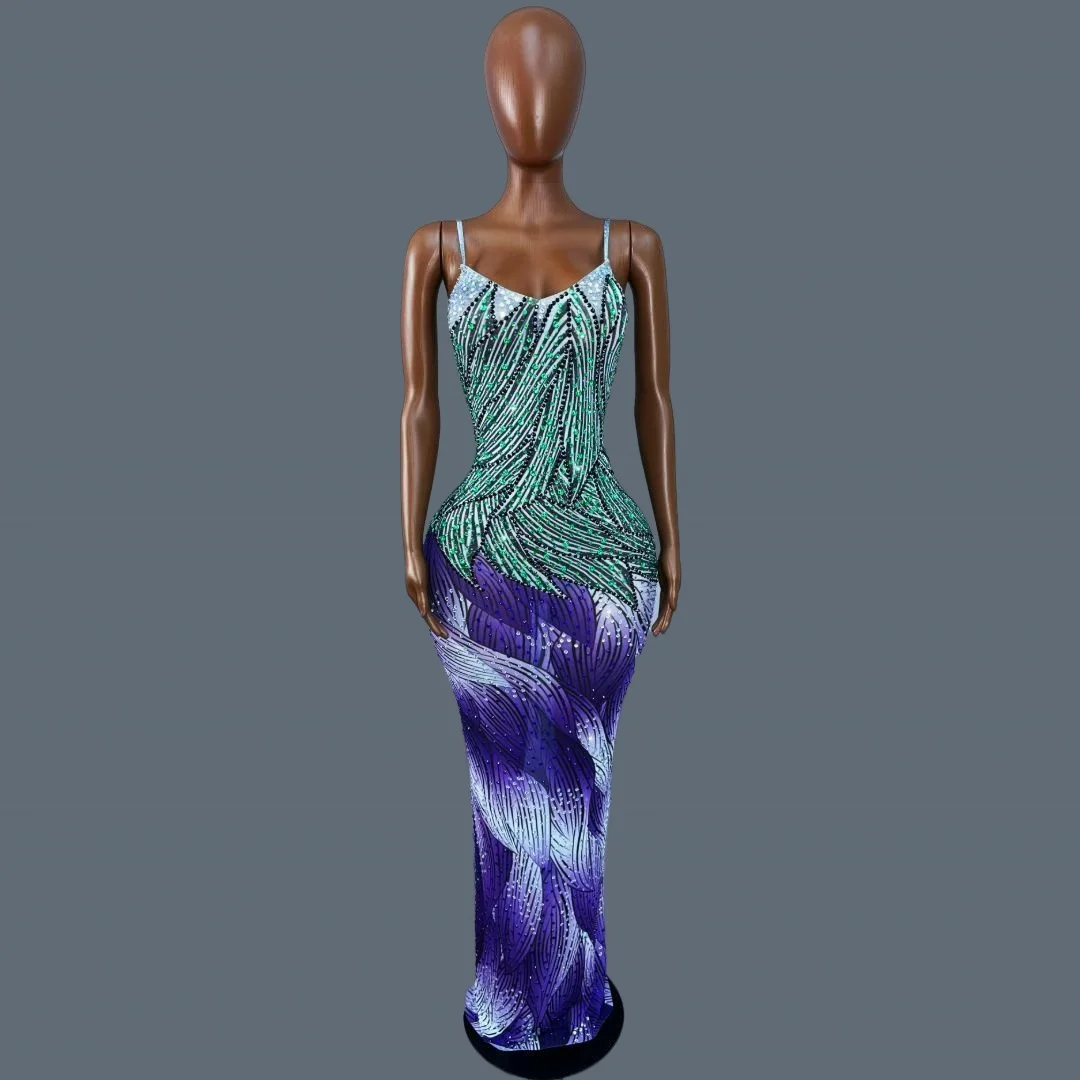 

Women Sparkly Rhinestone Slip Long Dress Sexy Mesh See Through Evening Prom Celebrate Birthday Dress Photo Shoot Wear Ziyehua