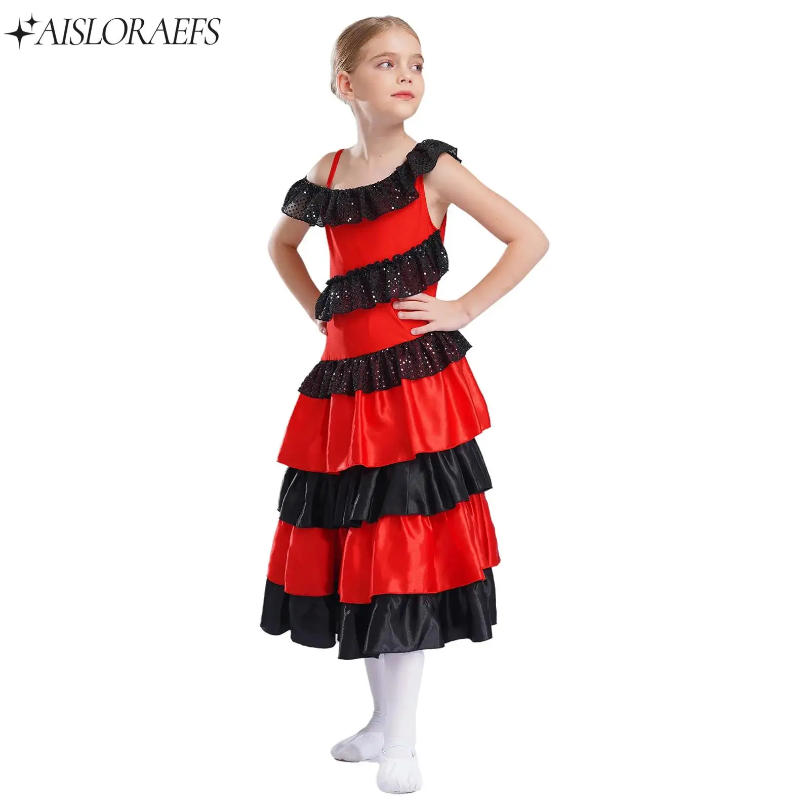 Robe de danse de salle de bal Flamenco pour enfants, Costume de fête de bal d'halloween pour filles, épaules dénudées, à volants à plusieurs niveaux, robe de danse en Satin