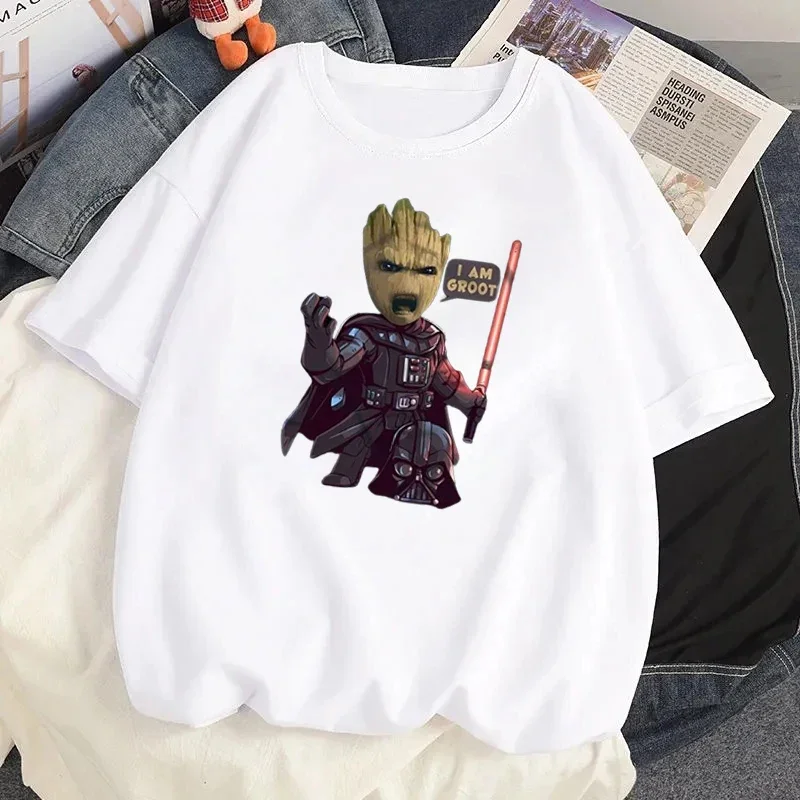 Summer Fun Disney Marvel Avengers Groot Printed Shirt Fashion Women's Casual Cotton T-shirt Women's Street Wear T-shirt