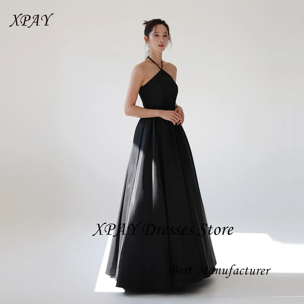 XPAY Simple Black A Line ชุดราตรีเกาหลีถ่ายภาพ Halter ซาตินแขนกุดรัดตัวกลับงานแต่งงานที่กําหนดเอง 2025