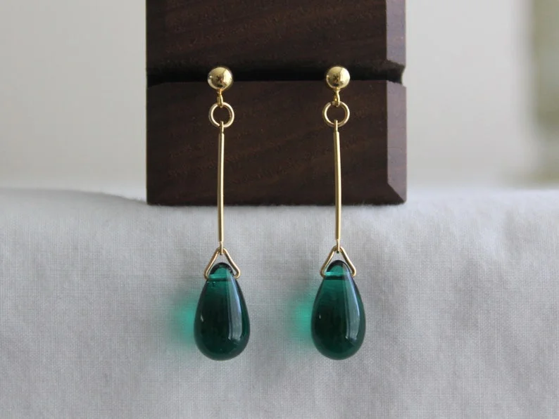 Gold plated bar with Emerald green teardrop earrings Elegant earrings Classic essential earrings gift for her