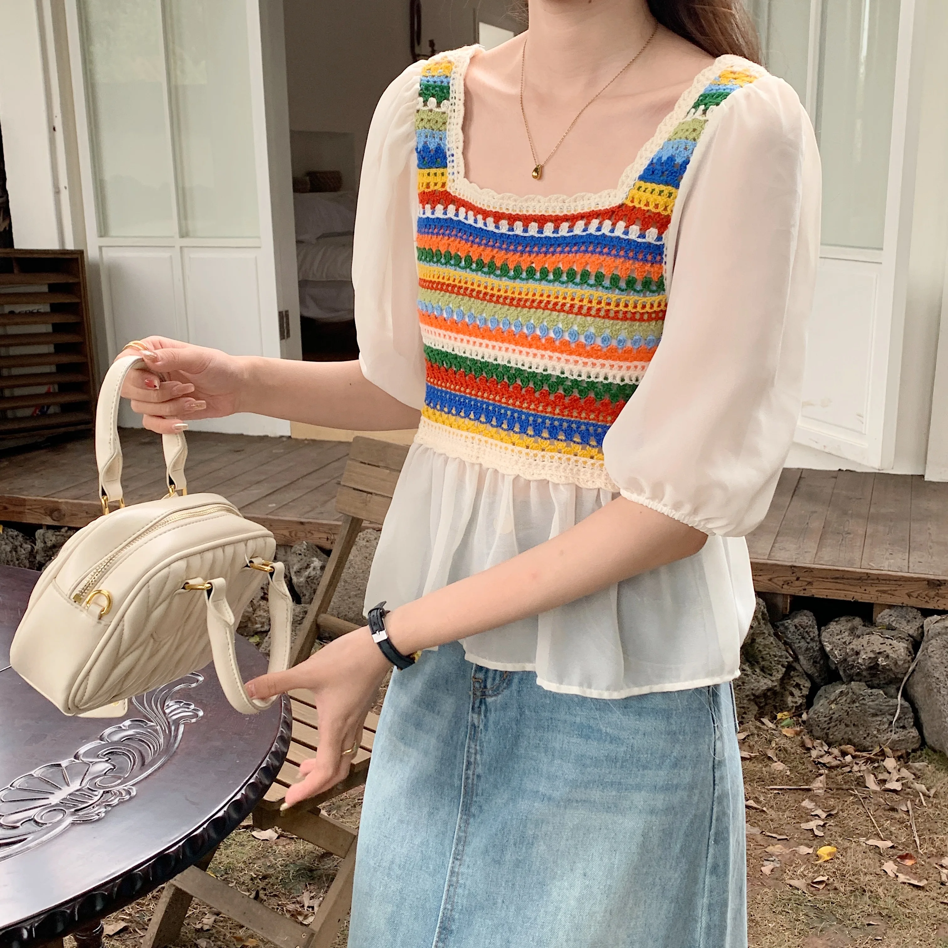 Rainbow Striped Crochet Knit Top for Women Square Neck Chiffon Half Sleeve Blouse Fairycore Cottagecore Spring Summer Outfit