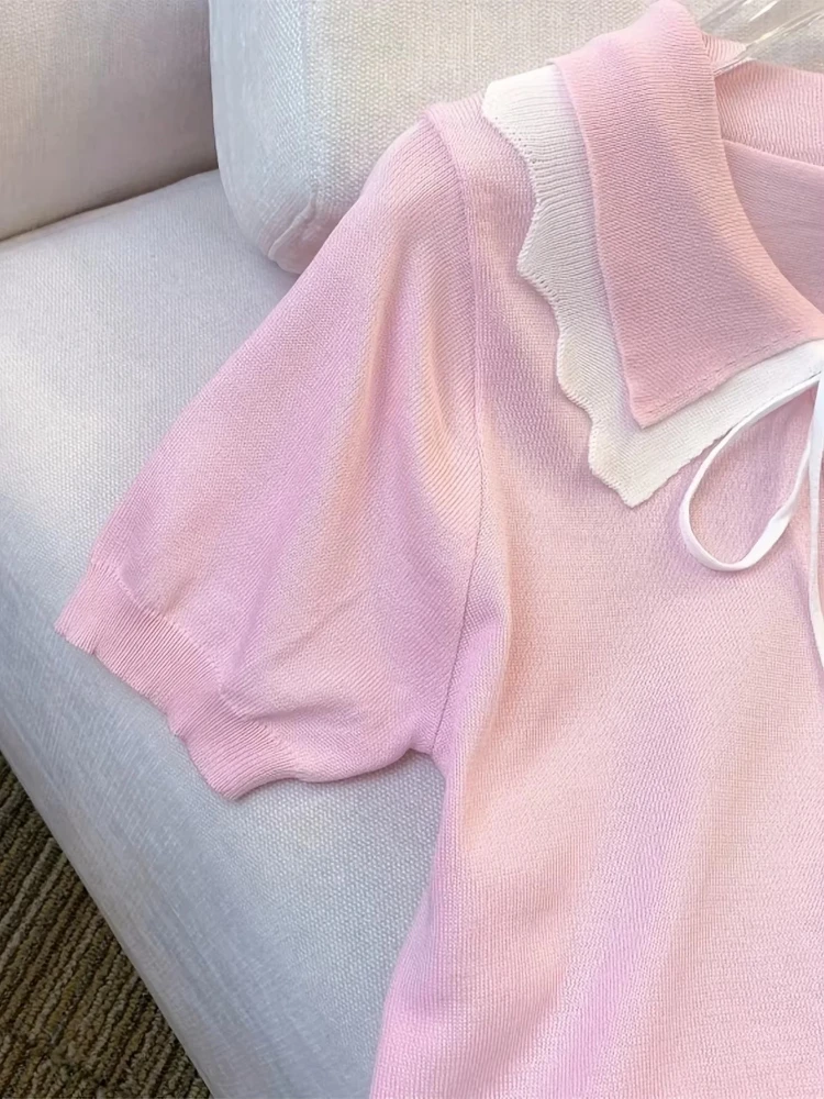 Women Short Sleeve With Lace Up Contrast Trim - Women Clothing Bow Tie T-shirt With Doll Neck And Ice Silk Knit Sweater Elegant