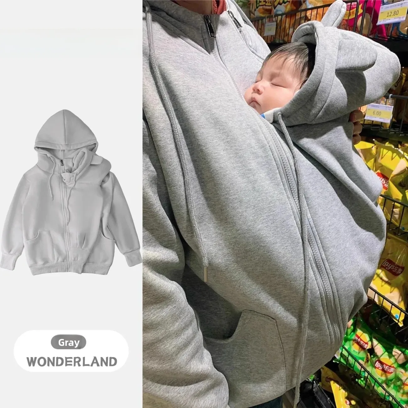 Canguru impressão pai filho rer quente hoodie masculino sle portador de bebê outerwear outono inverno poliéster mistura algodão fechamento com zíper