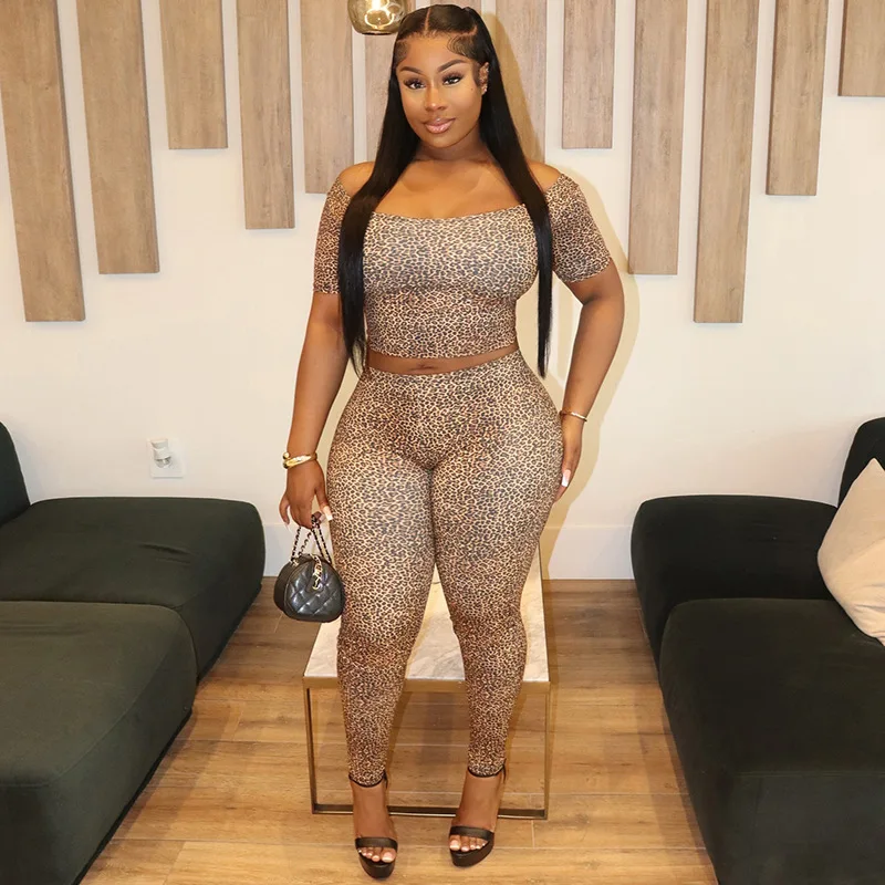 

Women Sexy Skinny Leopard Print 2 Piece Set Off Shoulder Short Sleeve Crop Tops + High Waist Pencil Pants Slim Clubwear Suits