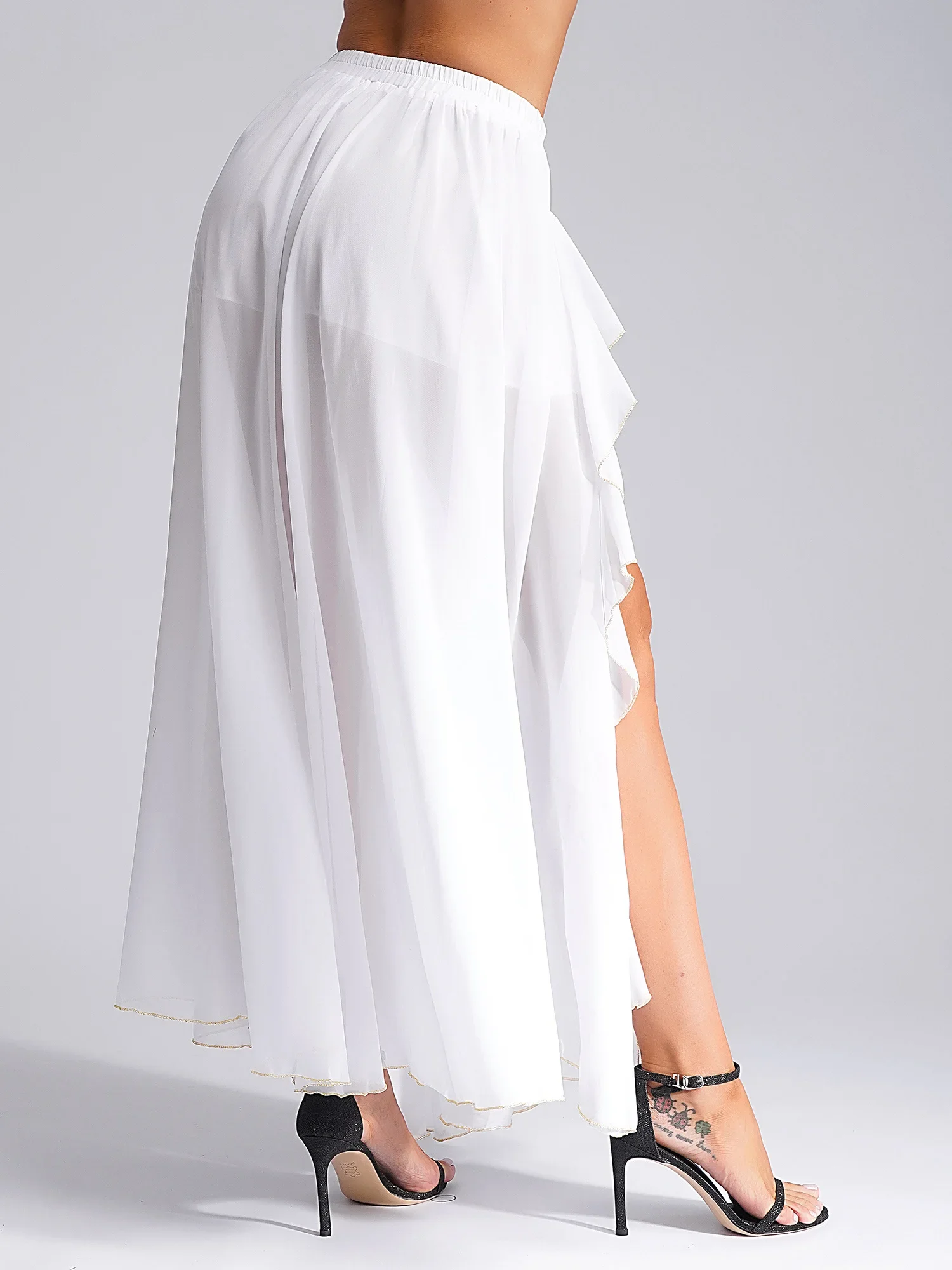 여성 플로우 벨리댄스 스커트 플리츠 쉬폰 맥시 사이드 슬릿 팬츠 스커트 캐스케이딩 러플 사이드 슬릿 스윙 스커트 댄스 의상