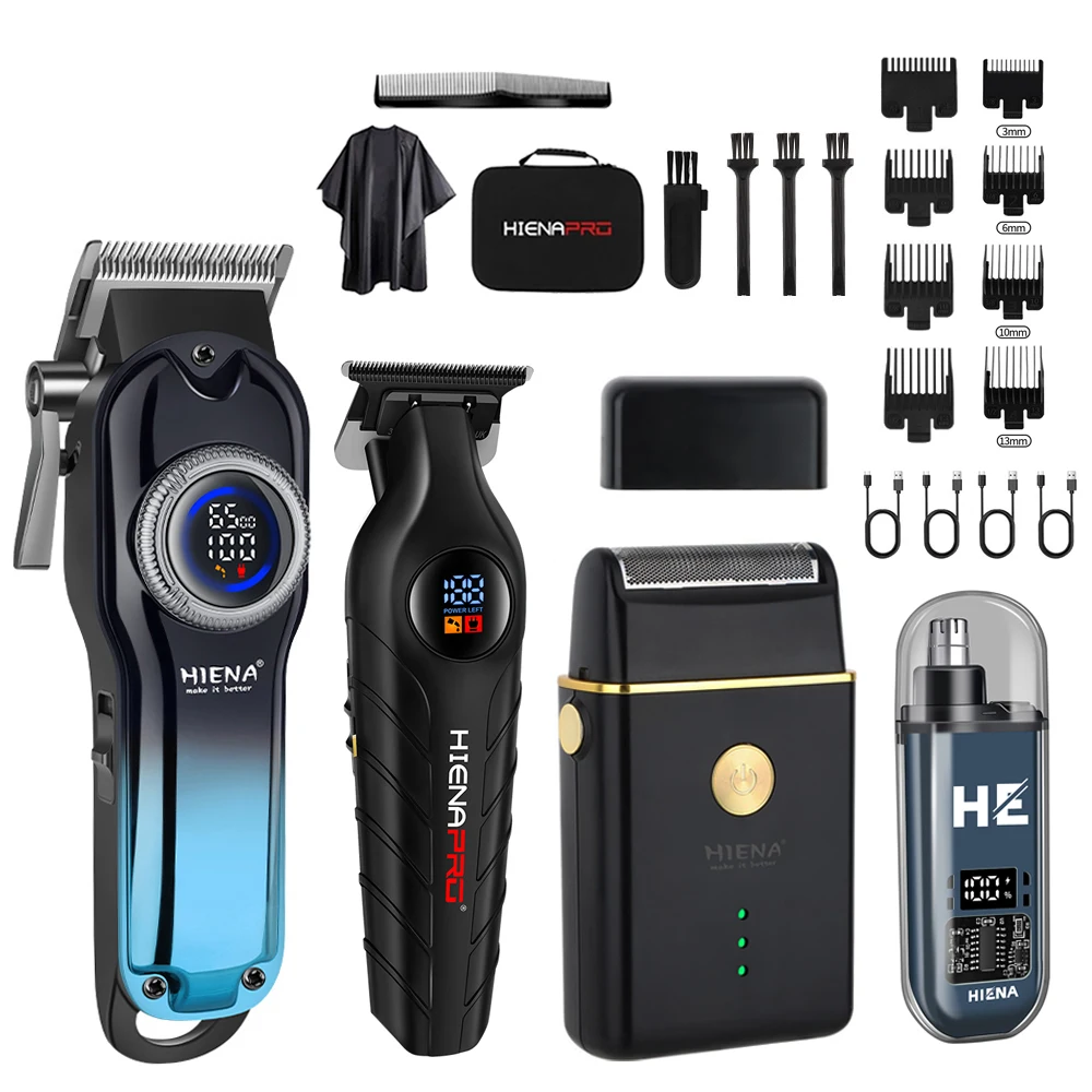 

Комбинация стрижки волос, синяя профессиональная машинка для стрижки волос, электрический дисплей, перезаряжаемый USB-триммер для мужчин, 4 комплекта, домашний подарок