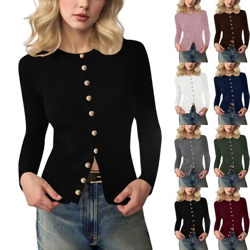 

77HE Womens Fall Sweaters Lightweight Long Sleeve Button up Ribbed Knit Tops Winter Fashion Clothes