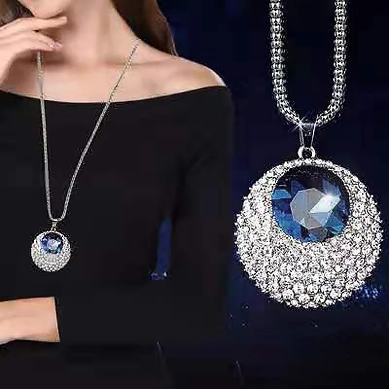 Vintage Ocean Blue Crystal Long Necklace Women Bijoux Fashion Jewelry Necklaces & Pendants Classic Gift Ethnic Style