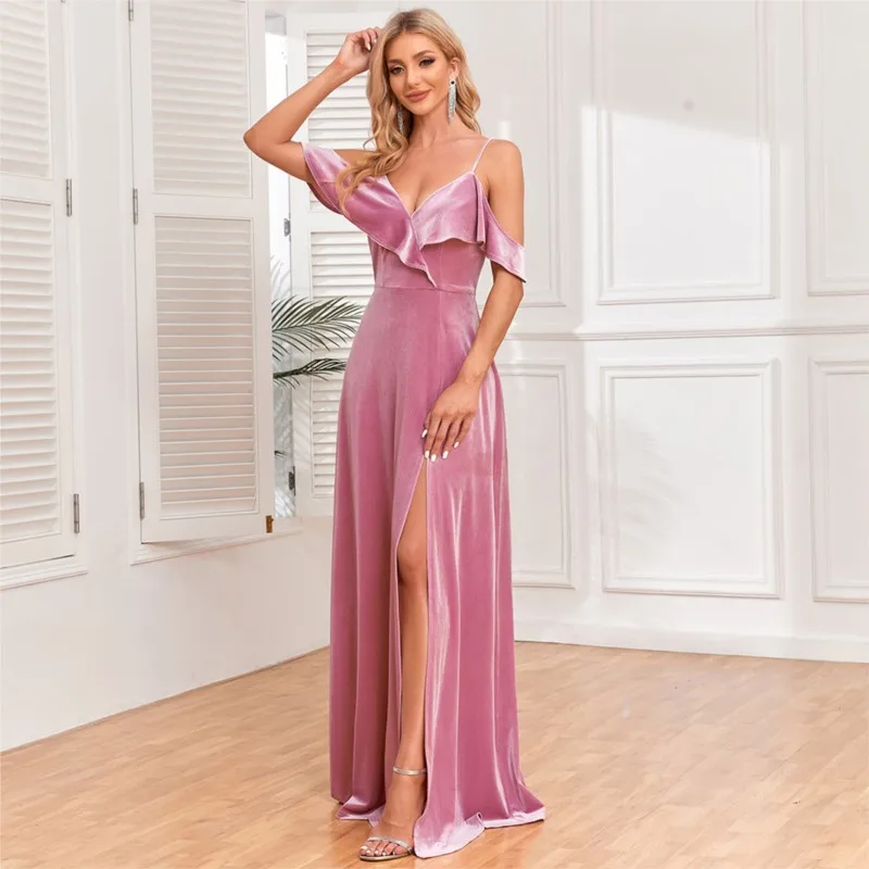 New off-the-shoulder velvet party dress with ruffled front and long line slit