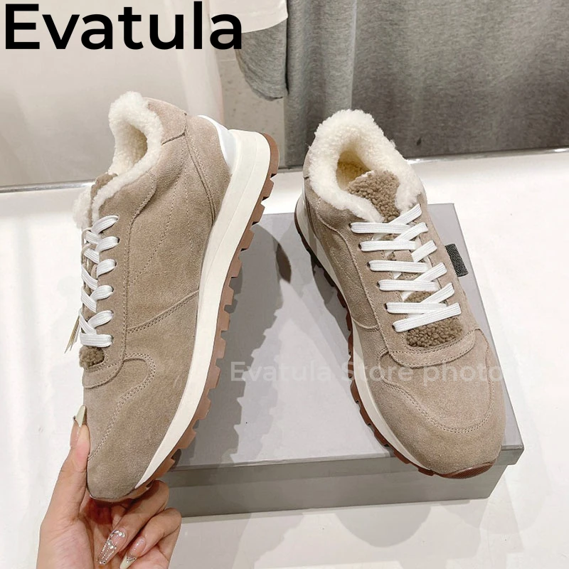 Winter Thick Sole Lace Up Fur Sneakers For Women High Quality Round Toe Suede Beaded Flat Shoes Casual Walking Wool Shoes Female