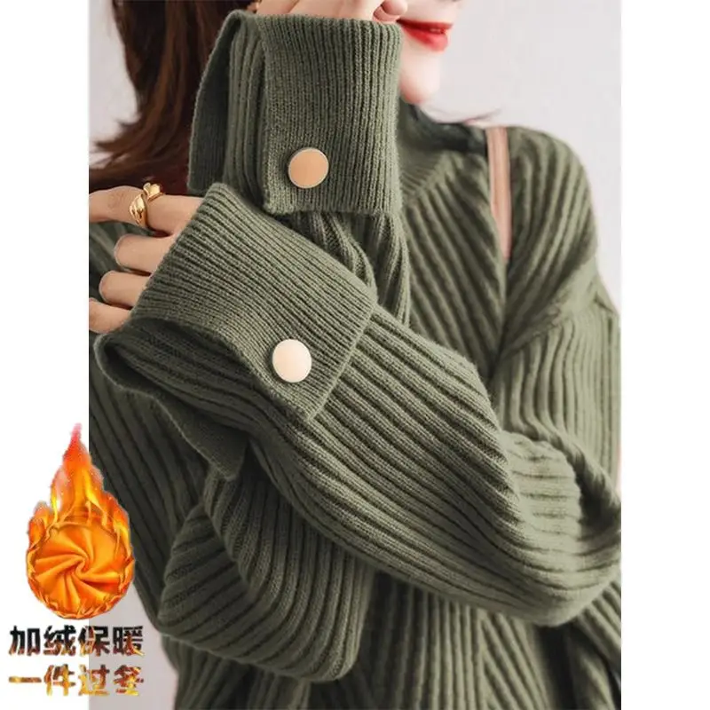 Autumn Winter Solid Color Half Height Collar Ladies New All-match Fashion Knitting Pullovers Women Clothes Loose Buttons Sweater