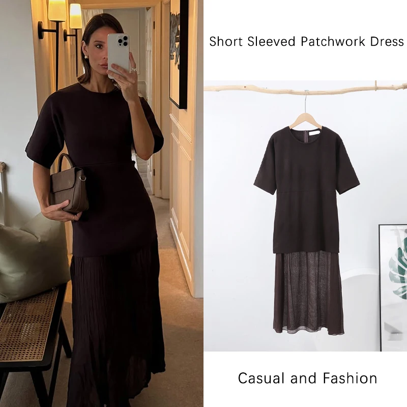 

Elegant Pleat Dress Women Brown O-neck Half Sleeve Patchwork Slim Long Dresses Female 2025 Spring Summer Lady High Street Dress