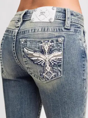 Jeans Slim Fit a Vita Bassa con Ricami a Forma di Ali, Moda Donna Y2K, Miss Me, in Cotone con Ricamo a Macchina, Elasticità Media