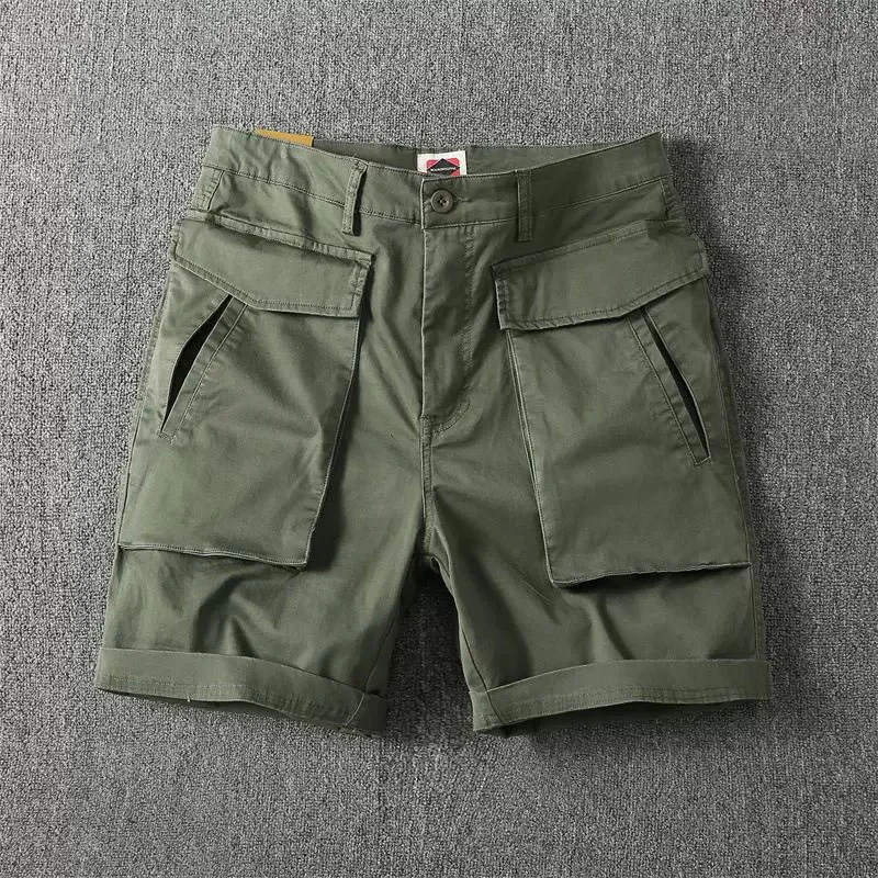 Men's Large Pocket Workwear Style Shorts American Casual Fashion High Street Retro Summer Loose Male Solid Color Shorts