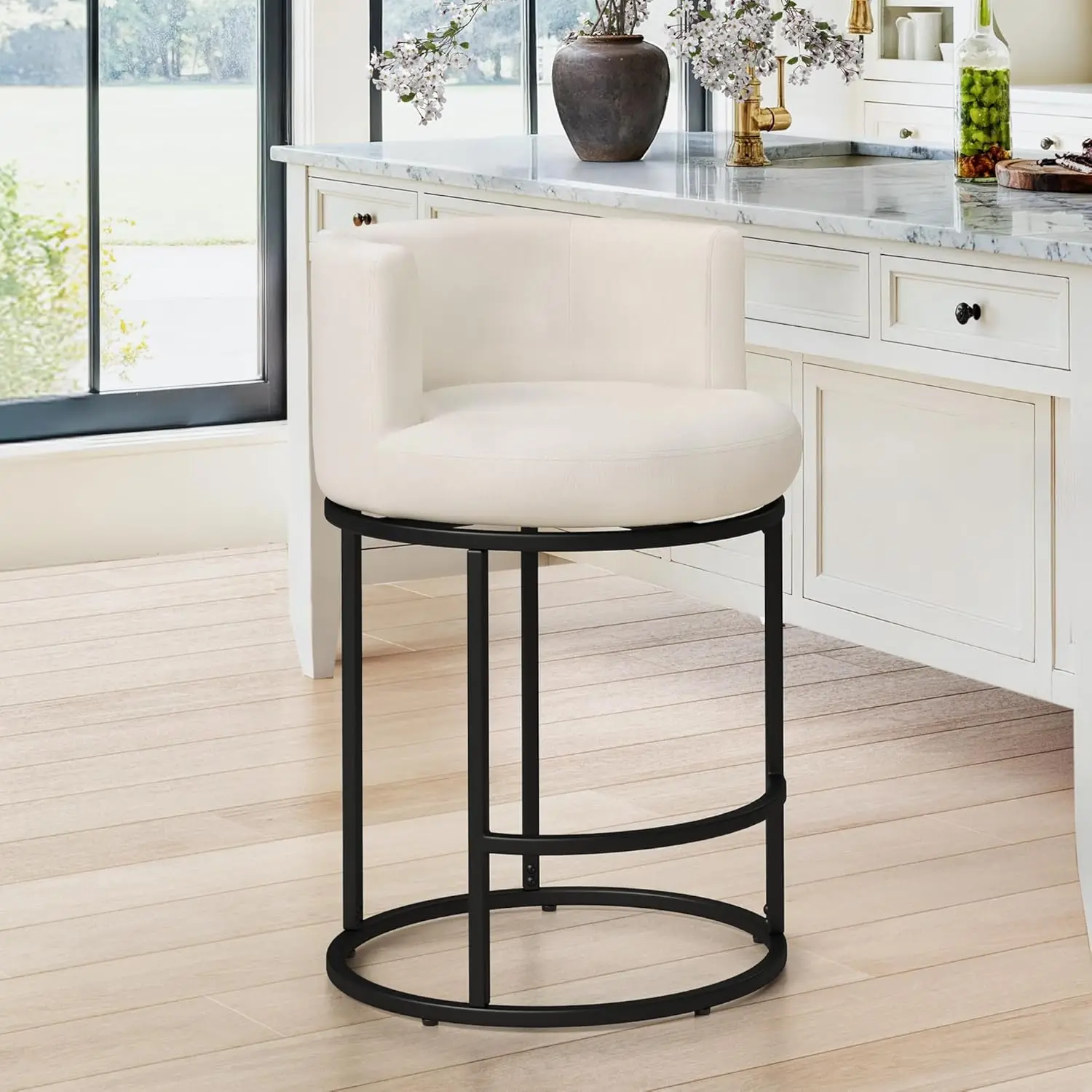 

Барный стул с поворотным механизмом, 26,8 дюйма, с металлическими ножками, тканевой обивкой и изогнутой спинкой, для кухни, кухонного острова, столовой, бежевый, на заказ