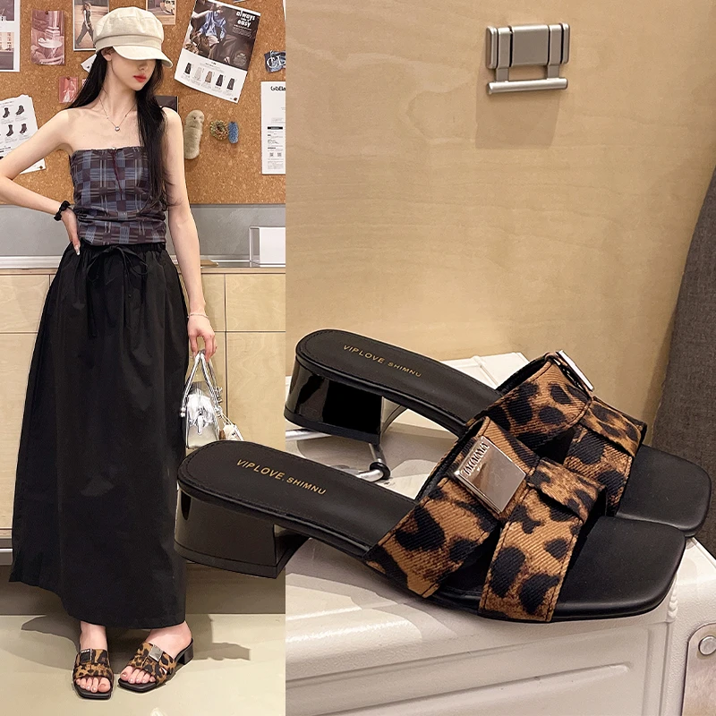 

Women's Summer Square Toe Block Heel Slide Sandals Leopard Print Checkered Single Strap Slip On Casual Outdoor Mule Slippers