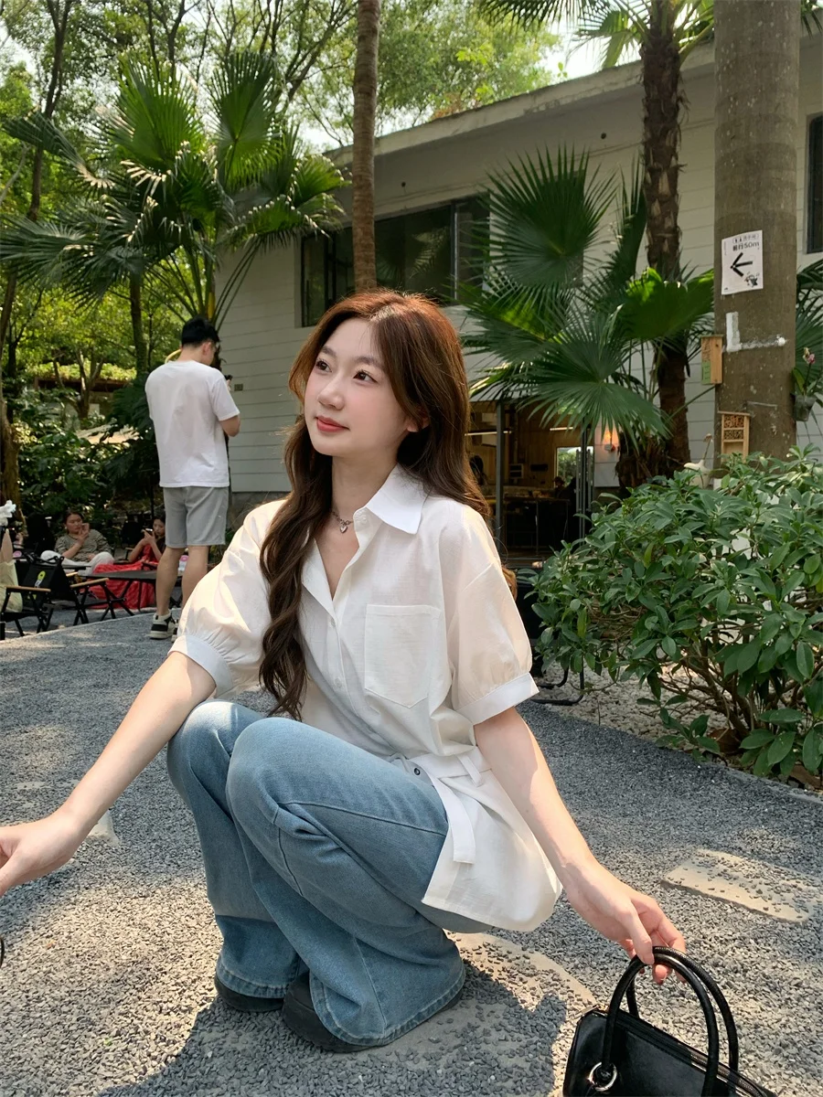 Casual White Long Sve Women's irt Waist Belt Design Autumn Commute irt Medium Length Pure Color  Collar Button Clo...