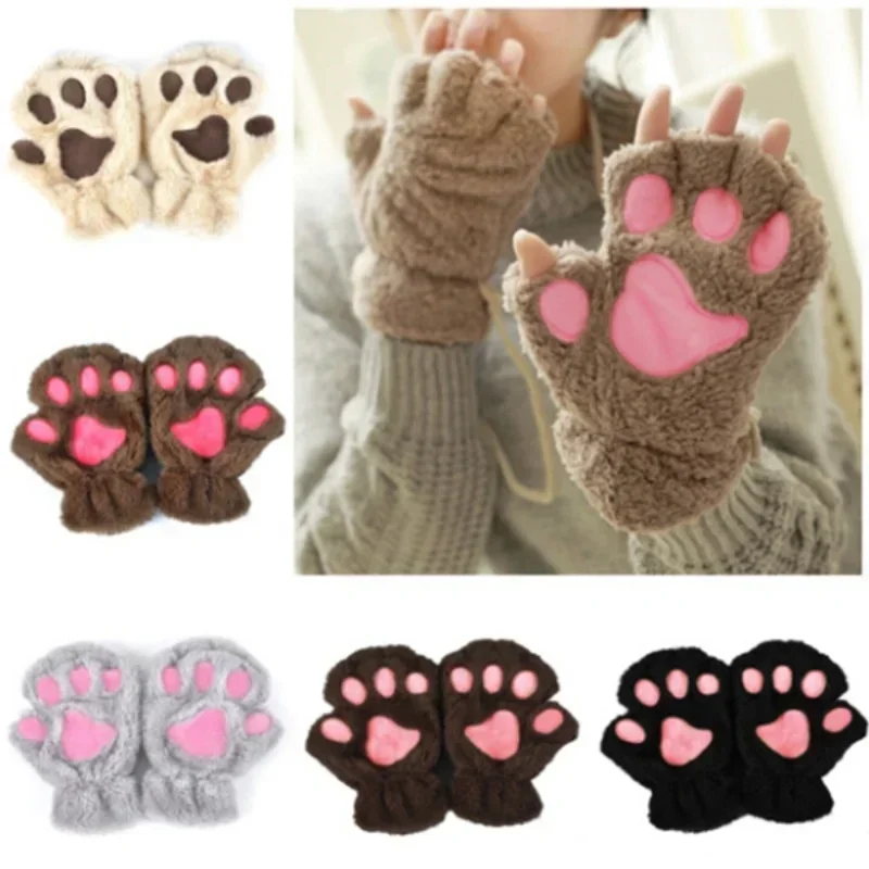 Kawaii Women Cat Gloves Fashion Girls Cat Claw Paw Plush Mittens Warm Soft Plush Short Fingerless Half Finger Winter Gloves