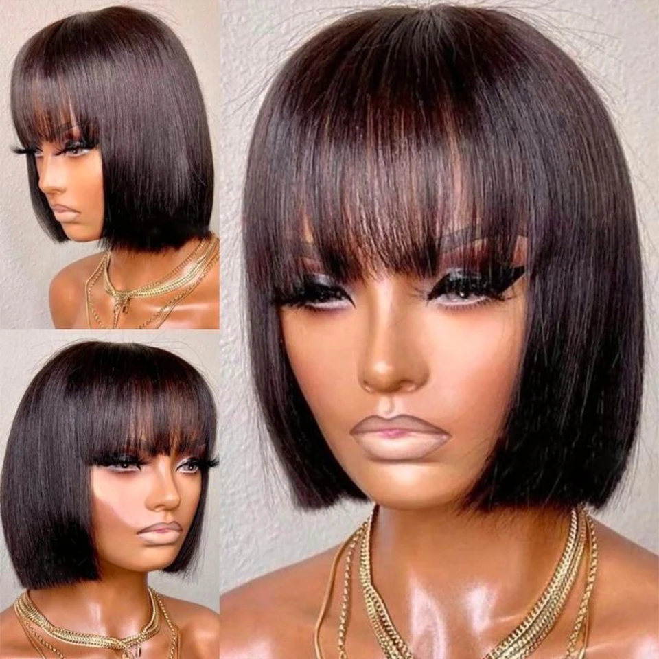 Brazylijska peruka z ludzkich włosów z grzywką Remy Straight Hair Bob Wigs Full Machine Made Wig for Women 8-16 Inches No Lace Bob Wigs