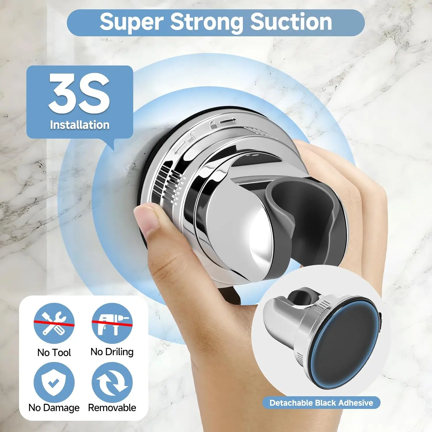 Shower Head Holder Suction, Chrome Removable Adjustable No-Drill Strong Suction Hold, 360 Swivel for Tile Glass and Mirrors