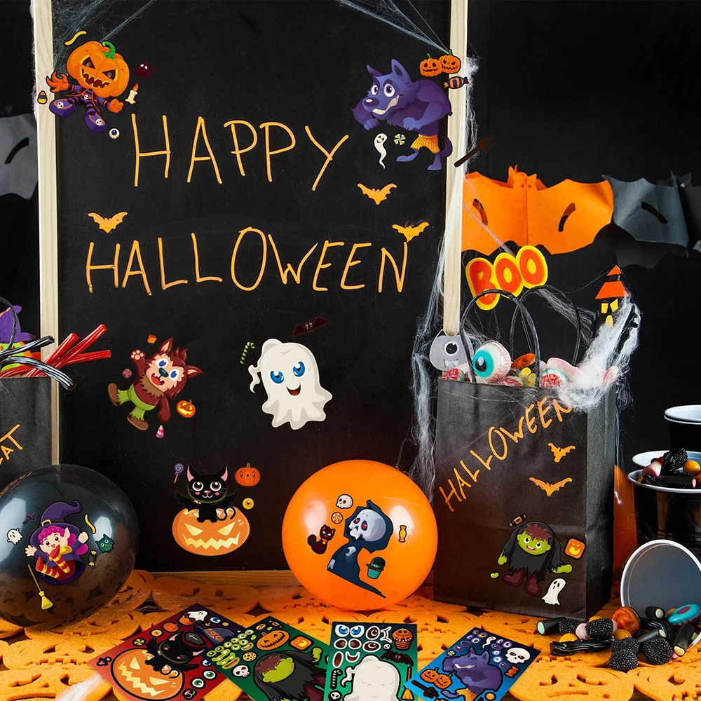 8/16Sheets Make-a-Face Halloween Stickers Puzzle Games Kids Create Your Own Ghost Witch DIY Assemble Jigsaw Children Party Toys