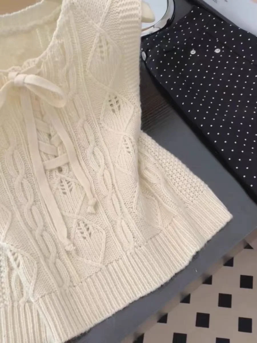 Korean Sle Casual Loose Knitted Vest Women's Svel Crop Top Autumn New Arrival Slimming Effect Round Ne Tie Waist
