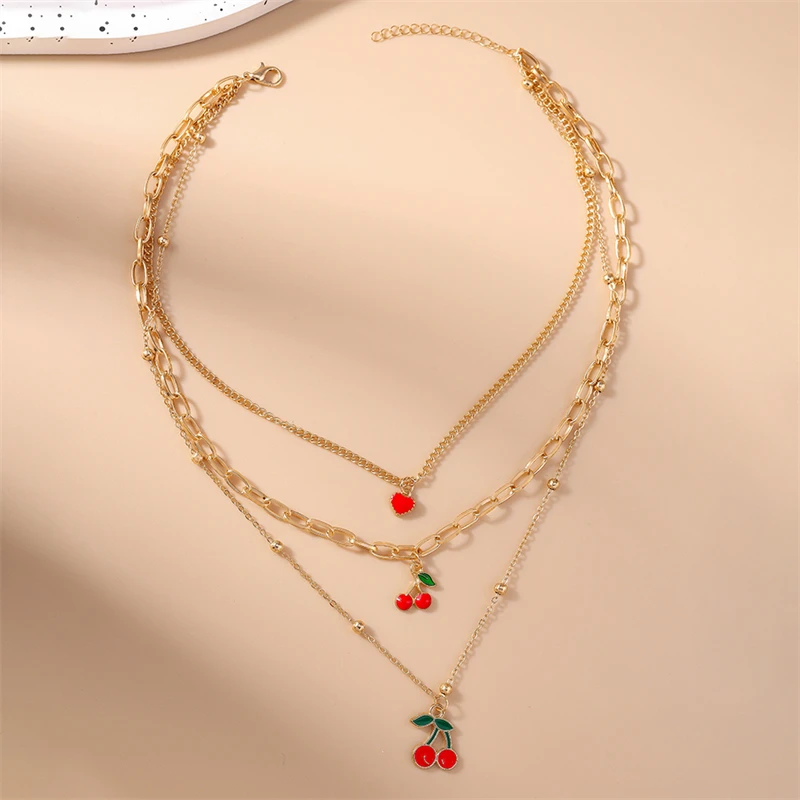 Modische Halskette mit rotem Kirschanhänger für Damen und Mädchen, mehrschichtige Halskette, Geschenk, Party, Festival, Schmuck, Dekoration – Detail 4